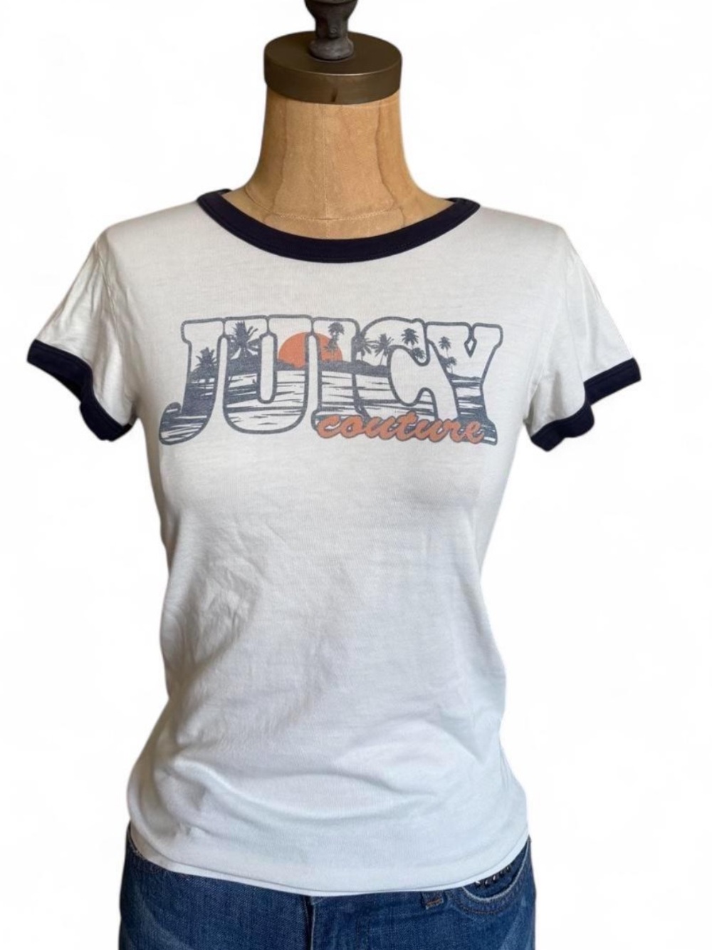Juicy Couture White Tee with Navy Ringer and Sunset Graphic